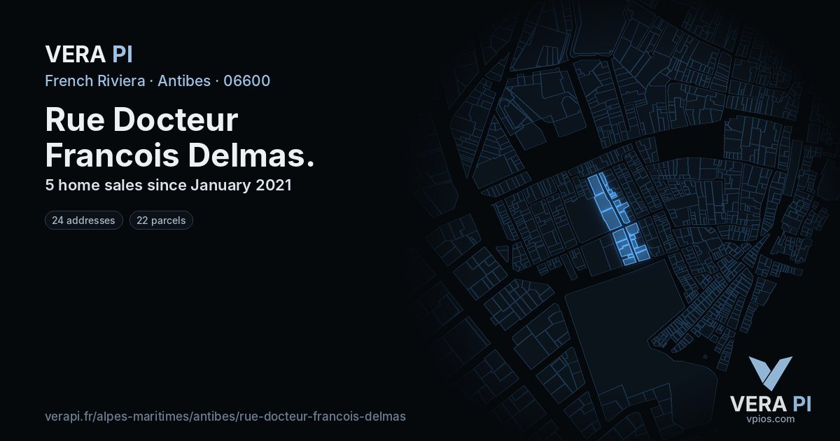 Rue Docteur Francois Delmas, Antibes at night – every parcel coloured by the prices around it, the street's own parcels lit