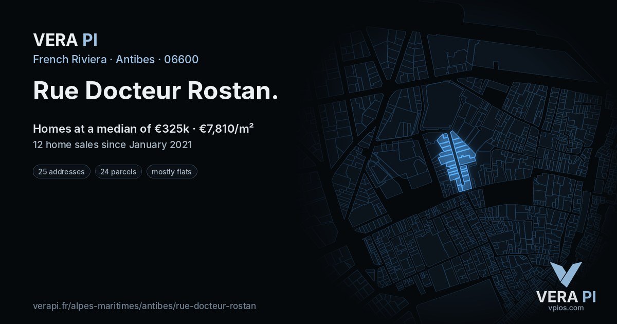 Rue Docteur Rostan, Antibes at night – every parcel coloured by the prices around it, the street's own parcels lit