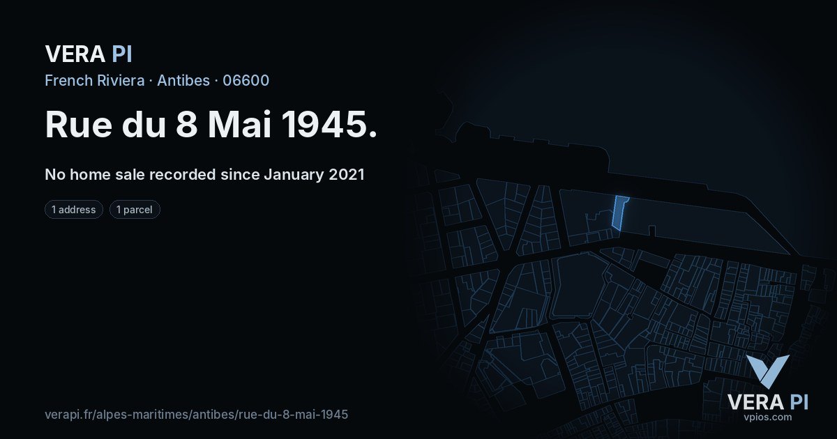 Rue du 8 Mai 1945, Antibes at night – every parcel coloured by the prices around it, the street's own parcels lit