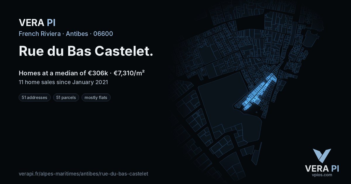 Rue du Bas Castelet, Antibes at night – every parcel coloured by the prices around it, the street's own parcels lit
