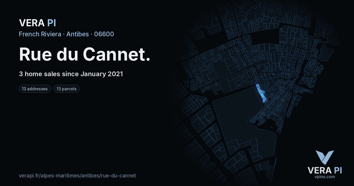 Rue du Cannet, Antibes at night – every parcel coloured by the prices around it, the street's own parcels lit