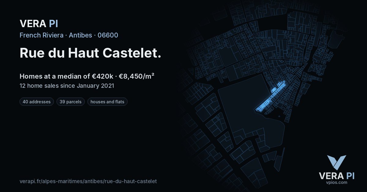 Rue du Haut Castelet, Antibes at night – every parcel coloured by the prices around it, the street's own parcels lit