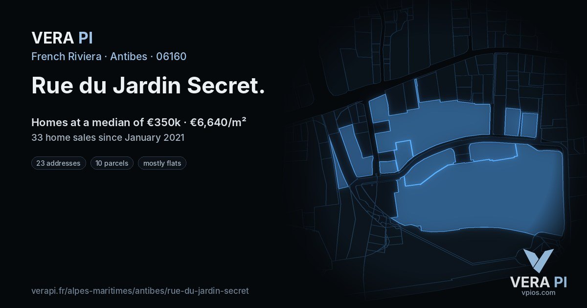 Rue du Jardin Secret, Antibes at night – every parcel coloured by the prices around it, the street's own parcels lit