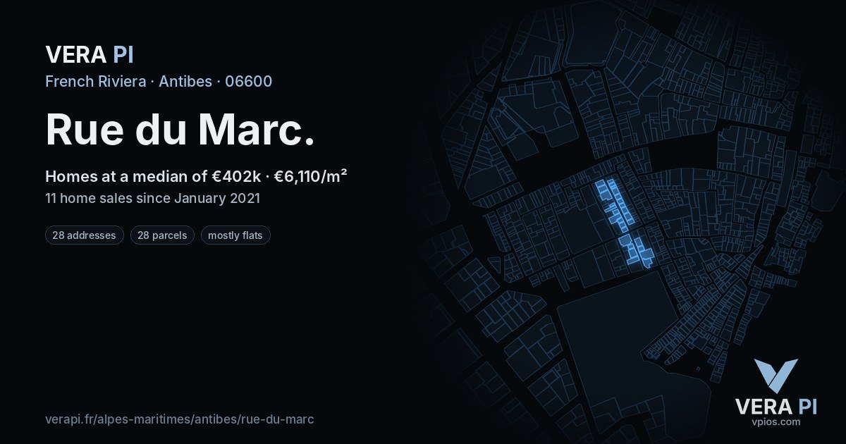 Rue du Marc, Antibes at night – every parcel coloured by the prices around it, the street's own parcels lit