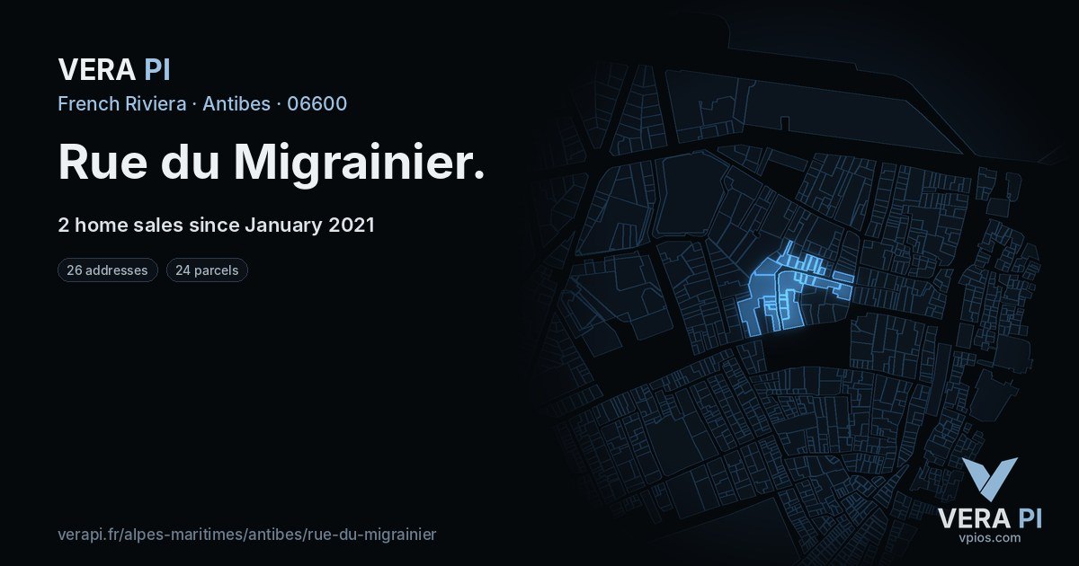 Rue du Migrainier, Antibes at night – every parcel coloured by the prices around it, the street's own parcels lit