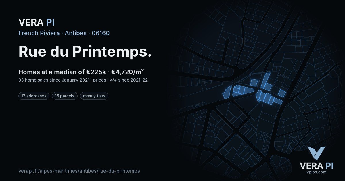 Rue du Printemps, Antibes at night – every parcel coloured by the prices around it, the street's own parcels lit