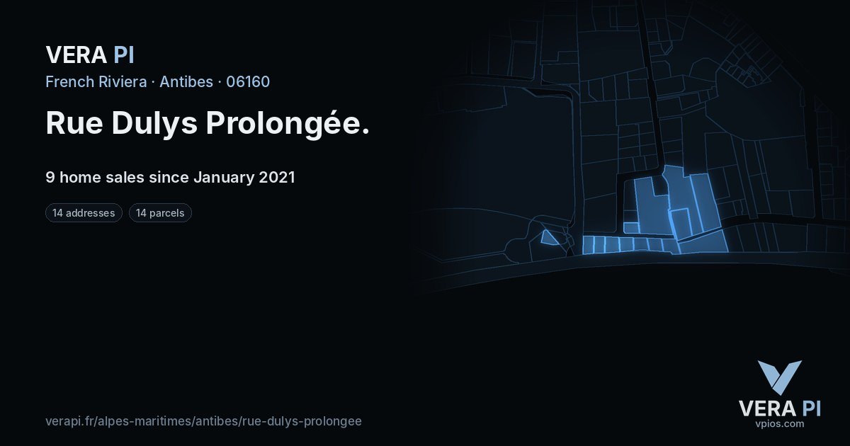 Rue Dulys Prolongée, Antibes at night – every parcel coloured by the prices around it, the street's own parcels lit