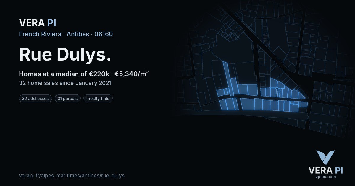 Rue Dulys, Antibes at night – every parcel coloured by the prices around it, the street's own parcels lit