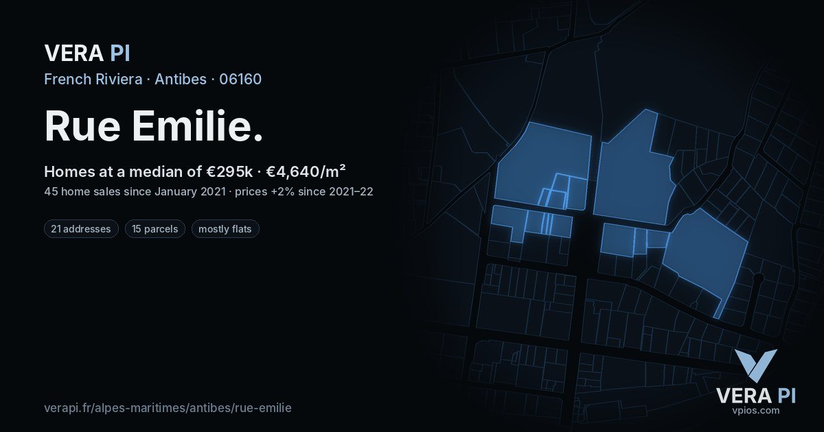 Rue Emilie, Antibes at night – every parcel coloured by the prices around it, the street's own parcels lit