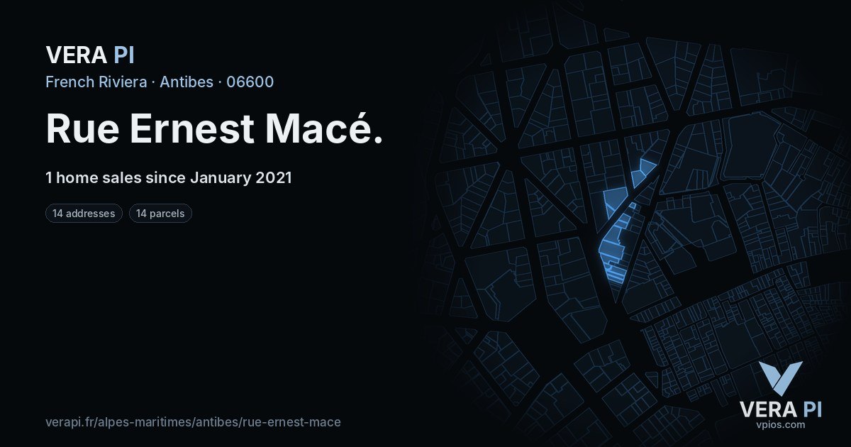 Rue Ernest Macé, Antibes at night – every parcel coloured by the prices around it, the street's own parcels lit