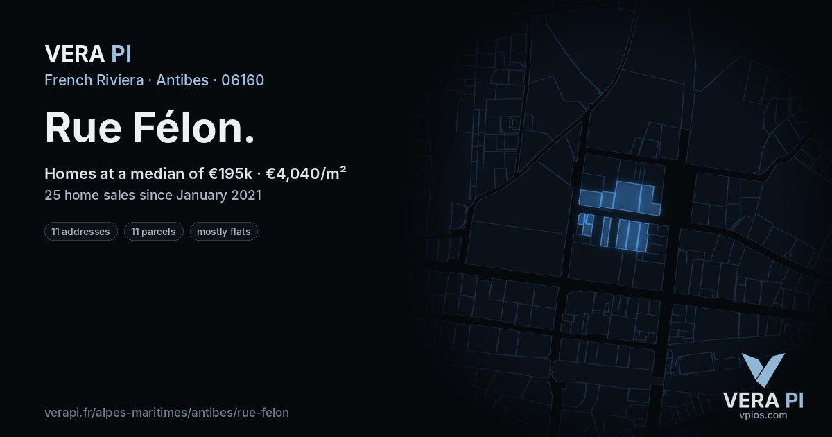 Rue Félon, Antibes at night – every parcel coloured by the prices around it, the street's own parcels lit