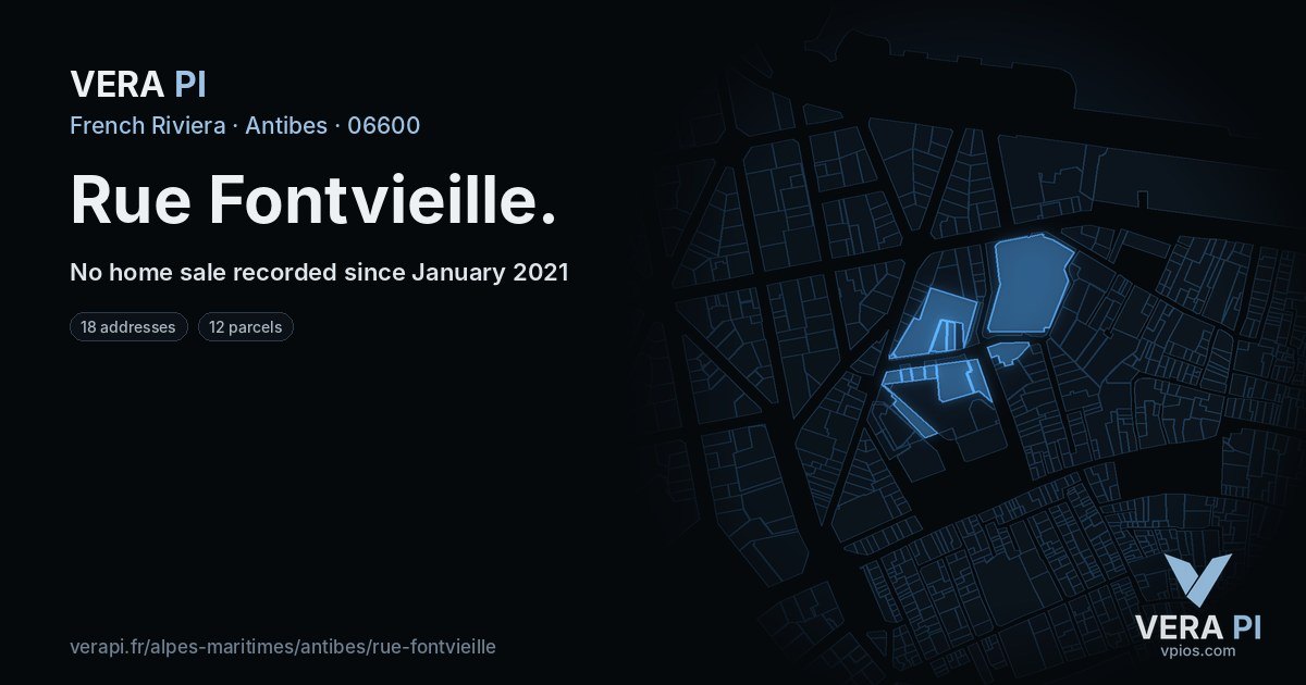 Rue Fontvieille, Antibes at night – every parcel coloured by the prices around it, the street's own parcels lit