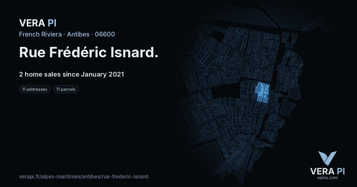 Rue Frédéric Isnard, Antibes at night – every parcel coloured by the prices around it, the street's own parcels lit