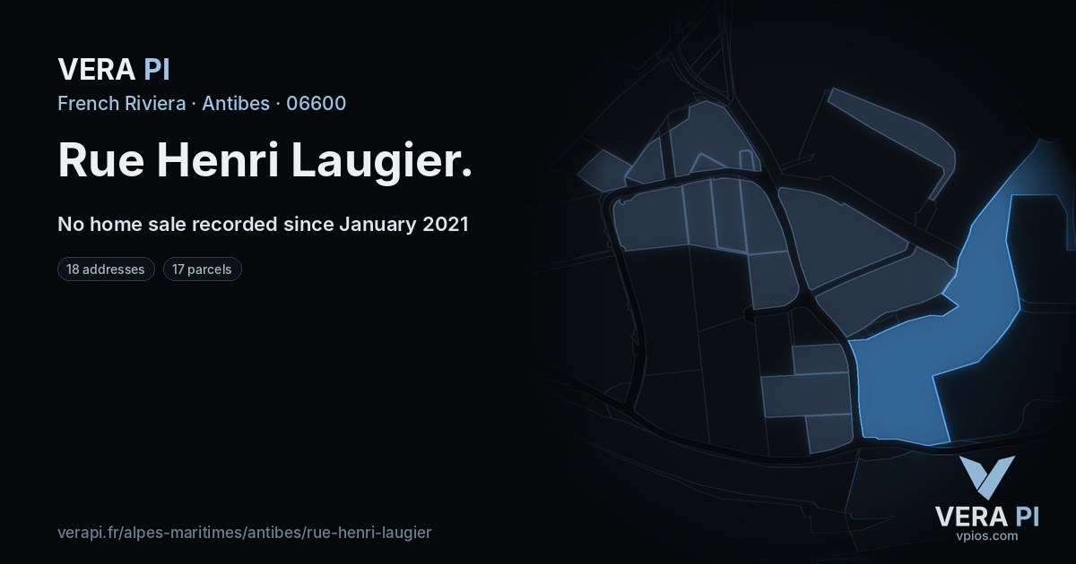 Rue Henri Laugier, Antibes at night – every parcel coloured by the prices around it, the street's own parcels lit