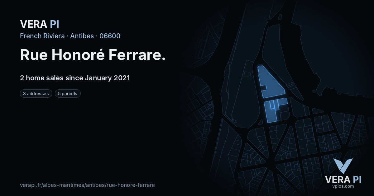 Rue Honoré Ferrare, Antibes at night – every parcel coloured by the prices around it, the street's own parcels lit