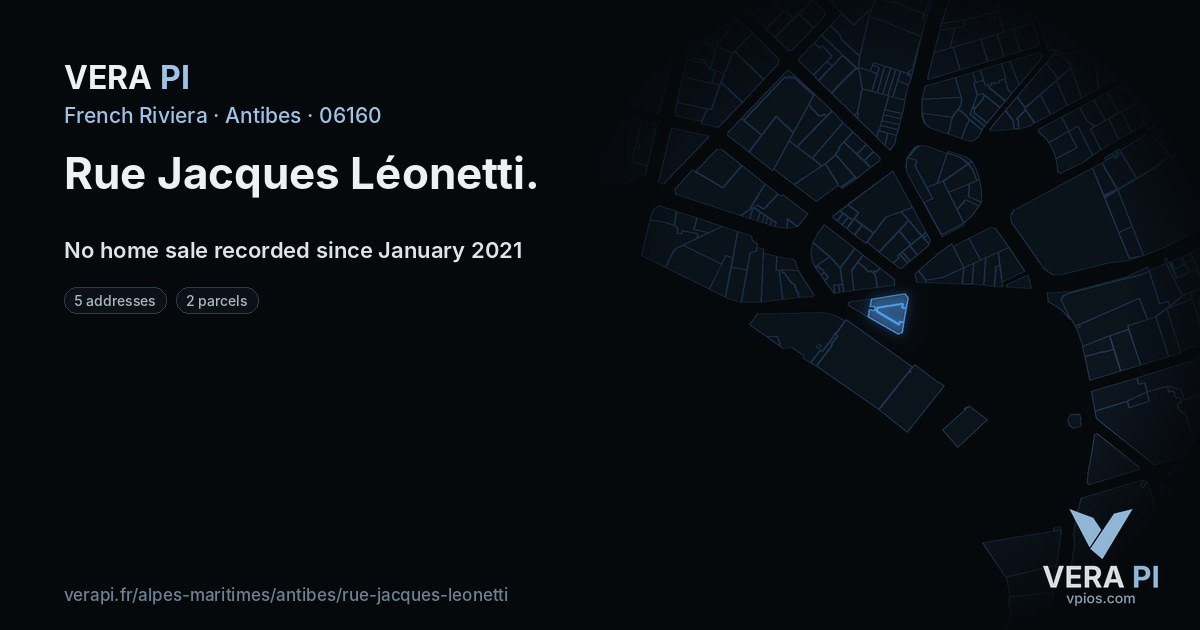 Rue Jacques Léonetti, Antibes at night – every parcel coloured by the prices around it, the street's own parcels lit