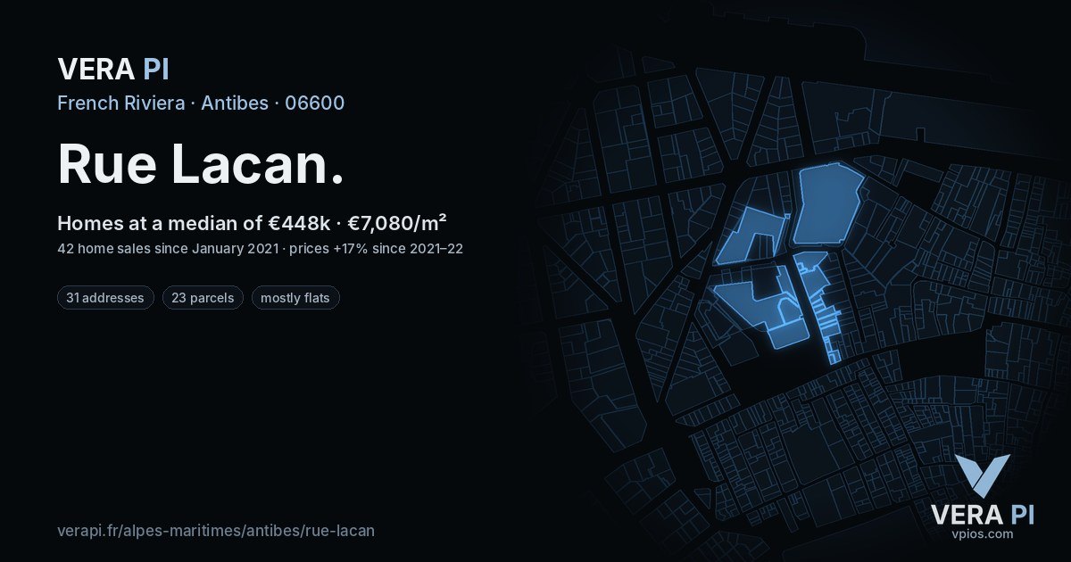 Rue Lacan, Antibes at night – every parcel coloured by the prices around it, the street's own parcels lit