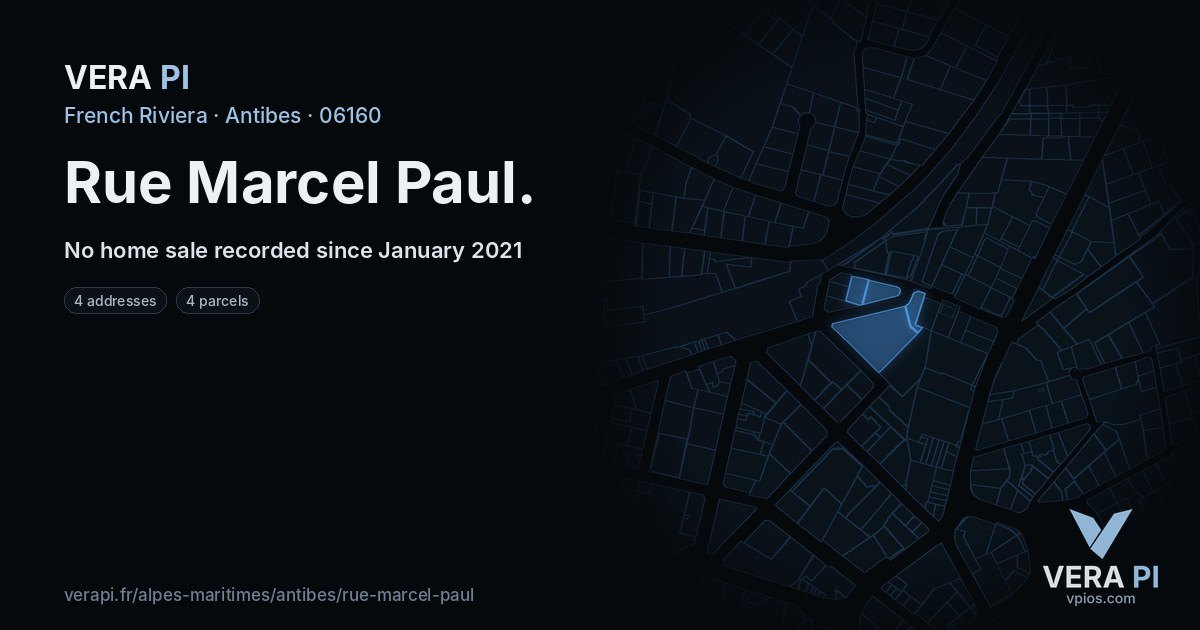 Rue Marcel Paul, Antibes at night – every parcel coloured by the prices around it, the street's own parcels lit