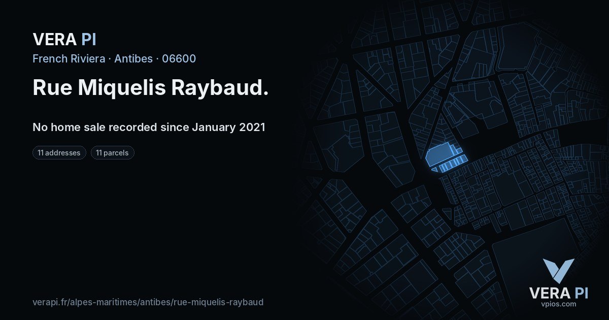 Rue Miquelis Raybaud, Antibes at night – every parcel coloured by the prices around it, the street's own parcels lit