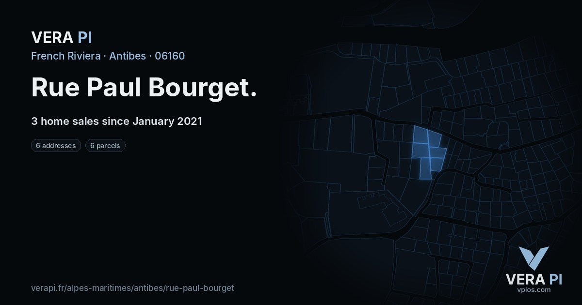 Rue Paul Bourget, Antibes at night – every parcel coloured by the prices around it, the street's own parcels lit