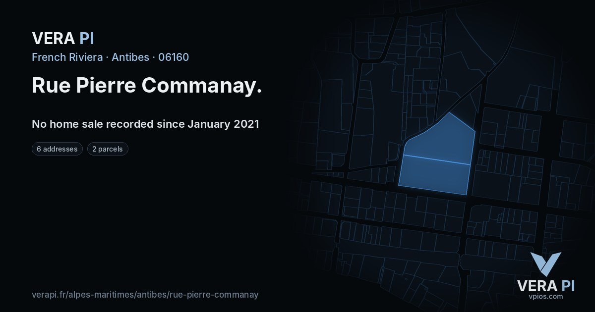 Rue Pierre Commanay, Antibes at night – every parcel coloured by the prices around it, the street's own parcels lit