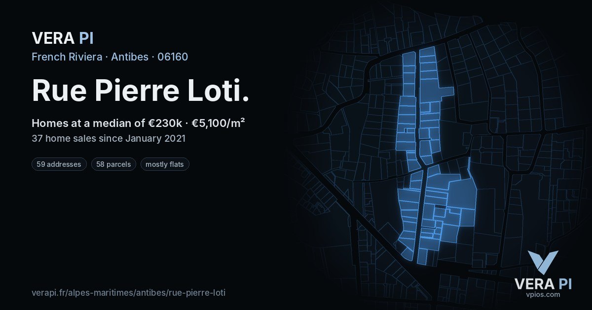 Rue Pierre Loti, Antibes at night – every parcel coloured by the prices around it, the street's own parcels lit