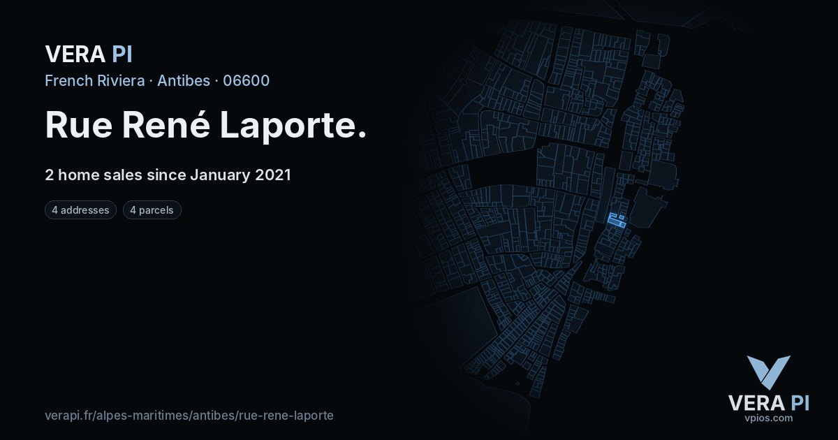 Rue René Laporte, Antibes at night – every parcel coloured by the prices around it, the street's own parcels lit