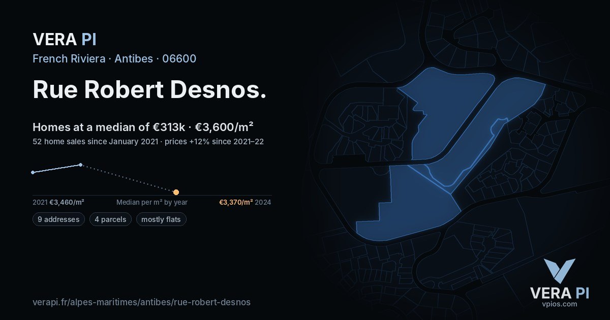 Rue Robert Desnos, Antibes at night – every parcel coloured by the prices around it, the street's own parcels lit