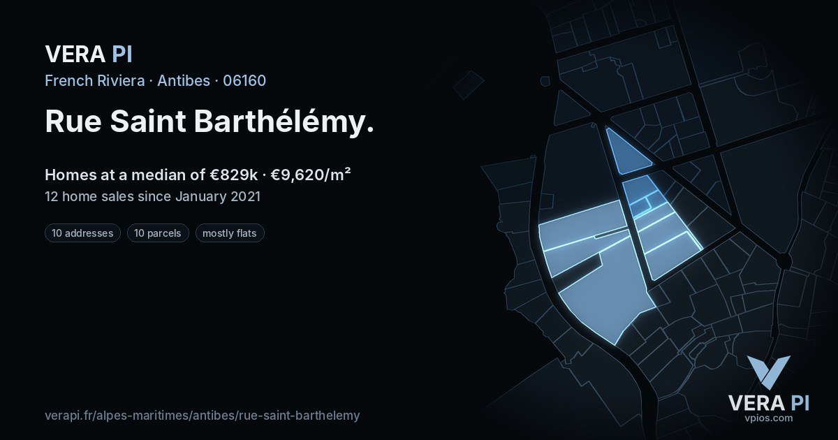 Rue Saint Barthélémy, Antibes at night – every parcel coloured by the prices around it, the street's own parcels lit