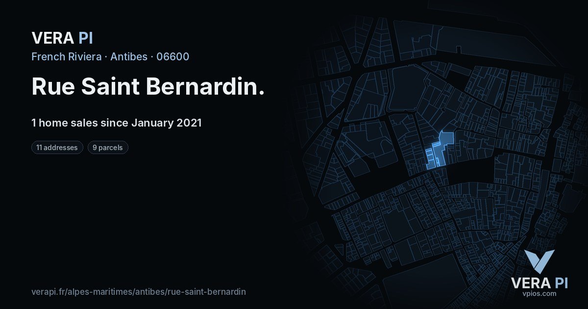 Rue Saint Bernardin, Antibes at night – every parcel coloured by the prices around it, the street's own parcels lit