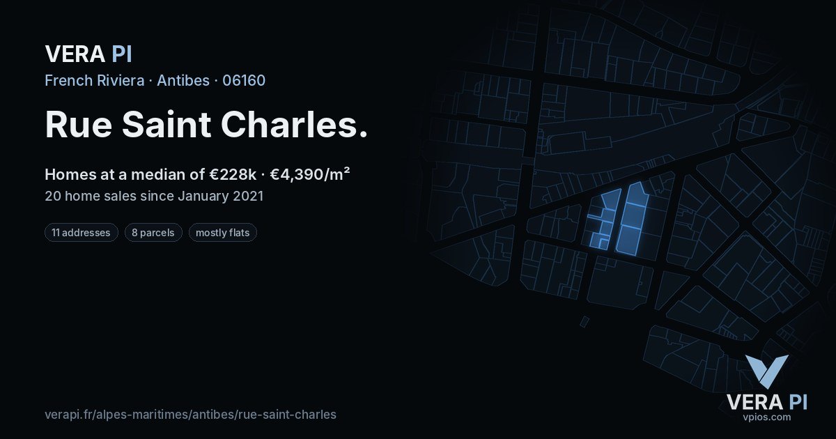 Rue Saint Charles, Antibes at night – every parcel coloured by the prices around it, the street's own parcels lit