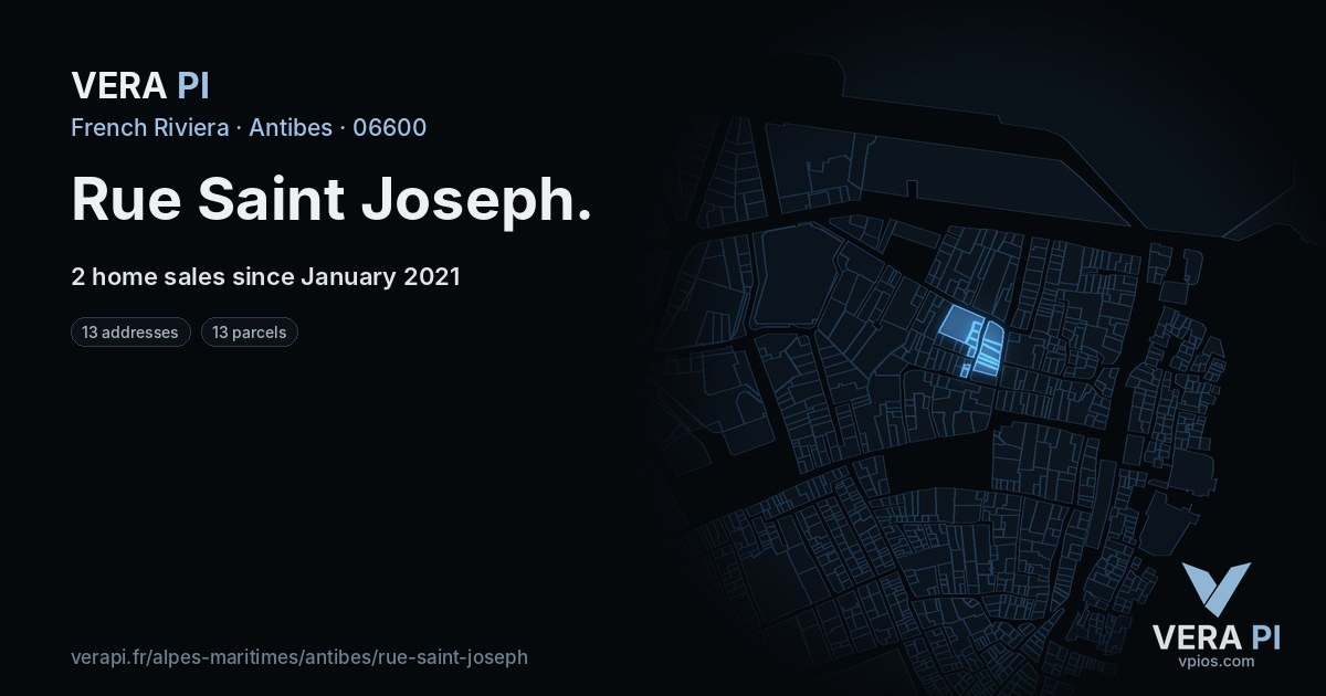 Rue Saint Joseph, Antibes at night – every parcel coloured by the prices around it, the street's own parcels lit