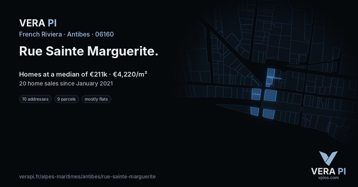 Rue Sainte Marguerite, Antibes at night – every parcel coloured by the prices around it, the street's own parcels lit