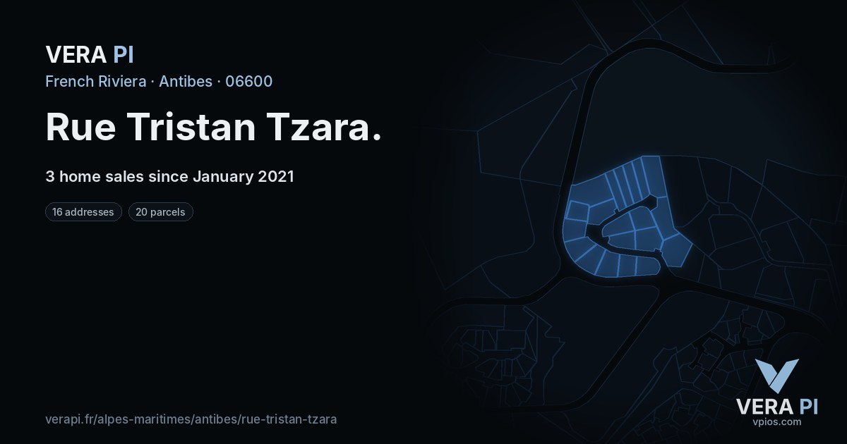 Rue Tristan Tzara, Antibes at night – every parcel coloured by the prices around it, the street's own parcels lit