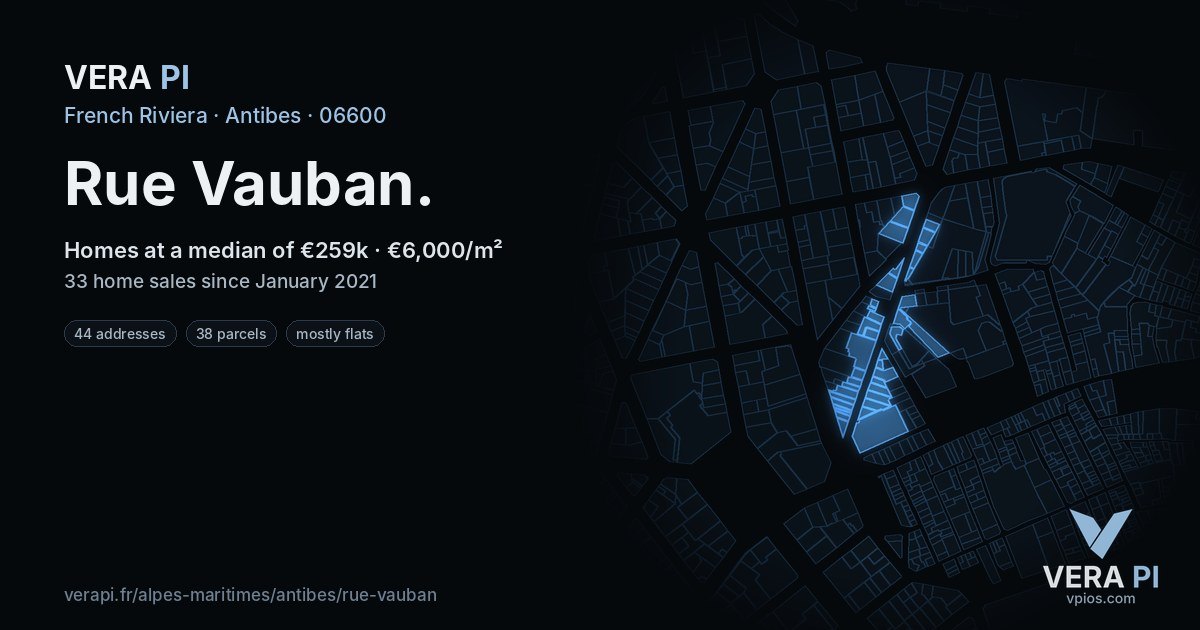 Rue Vauban, Antibes at night – every parcel coloured by the prices around it, the street's own parcels lit