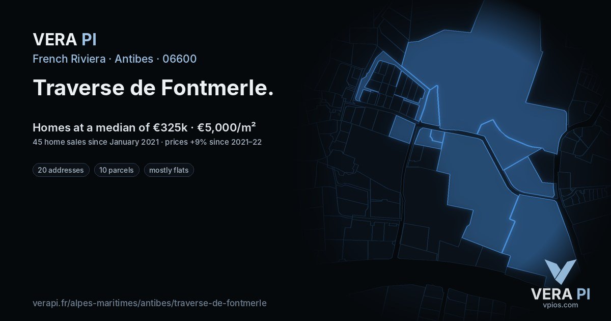 Traverse de Fontmerle, Antibes at night – every parcel coloured by the prices around it, the street's own parcels lit