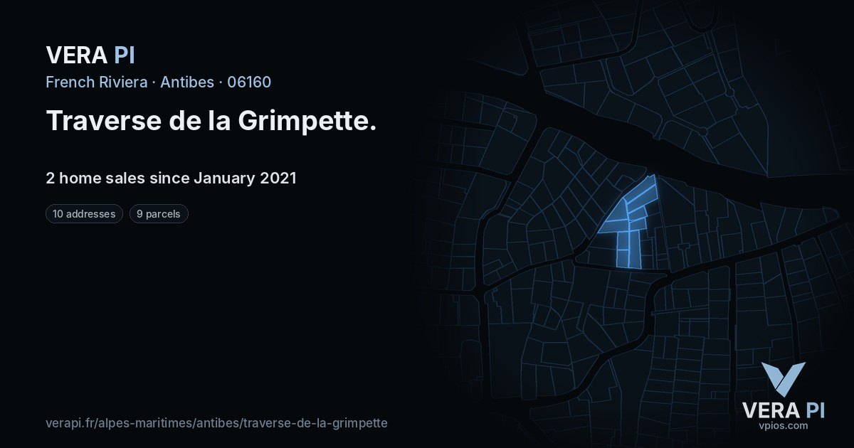 Traverse de la Grimpette, Antibes at night – every parcel coloured by the prices around it, the street's own parcels lit