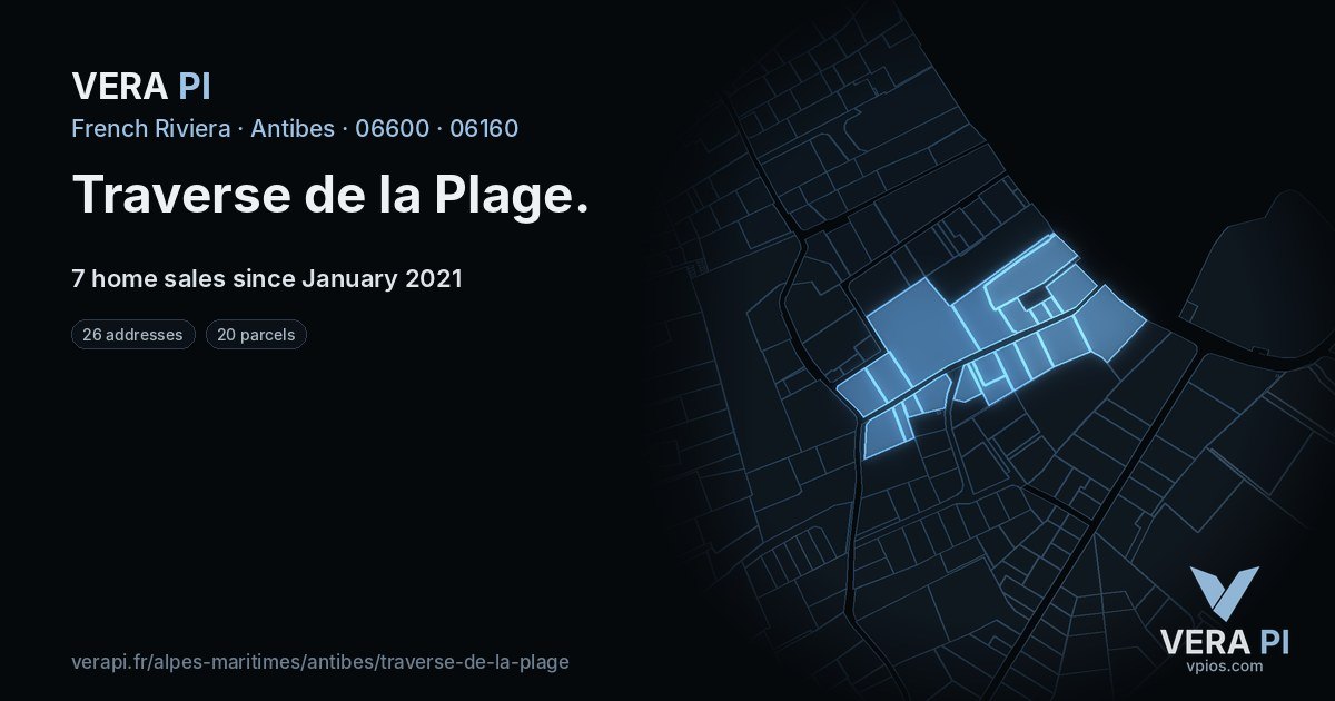 Traverse de la Plage, Antibes at night – every parcel coloured by the prices around it, the street's own parcels lit