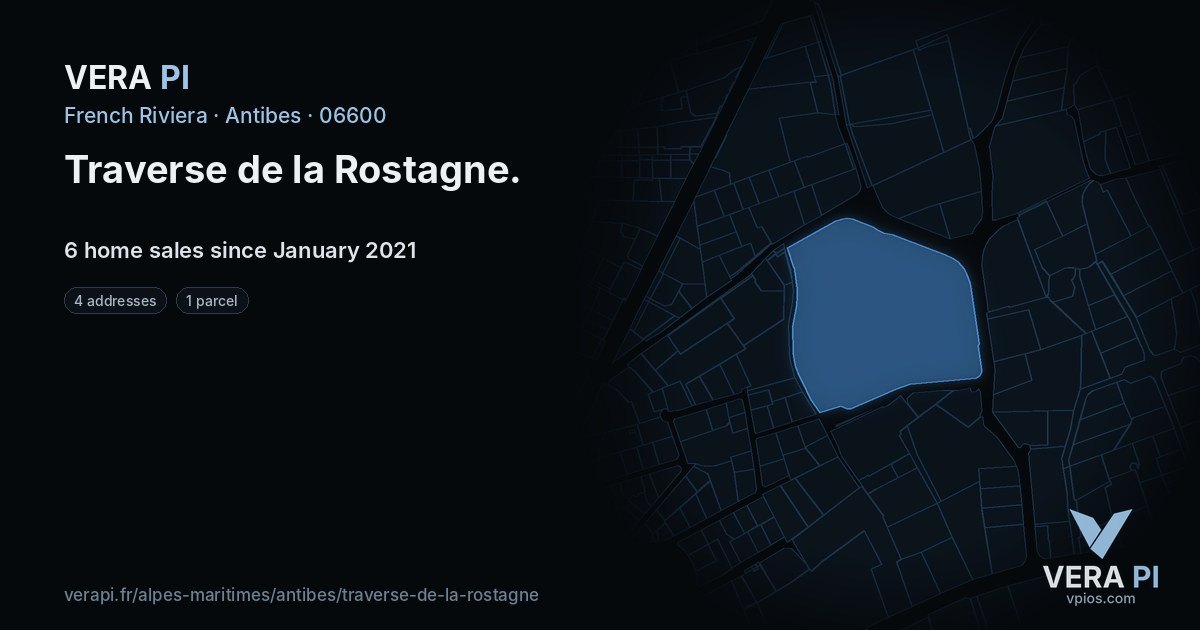Traverse de la Rostagne, Antibes at night – every parcel coloured by the prices around it, the street's own parcels lit