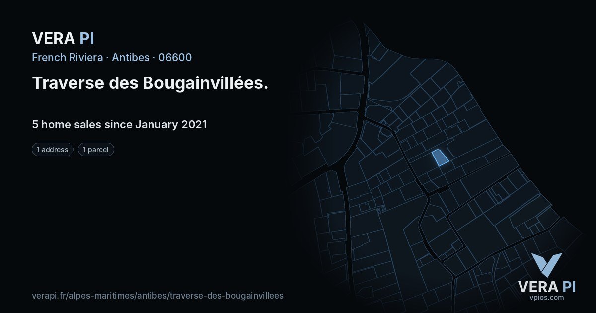 Traverse des Bougainvillées, Antibes at night – every parcel coloured by the prices around it, the street's own parcels lit