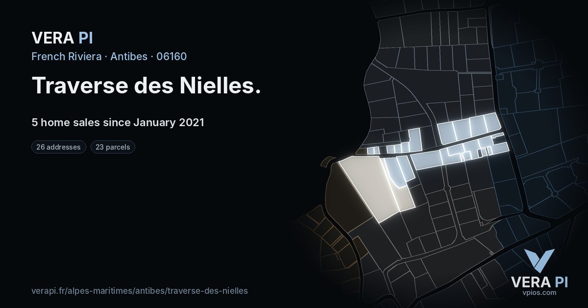 Traverse des Nielles, Antibes at night – every parcel coloured by the prices around it, the street's own parcels lit