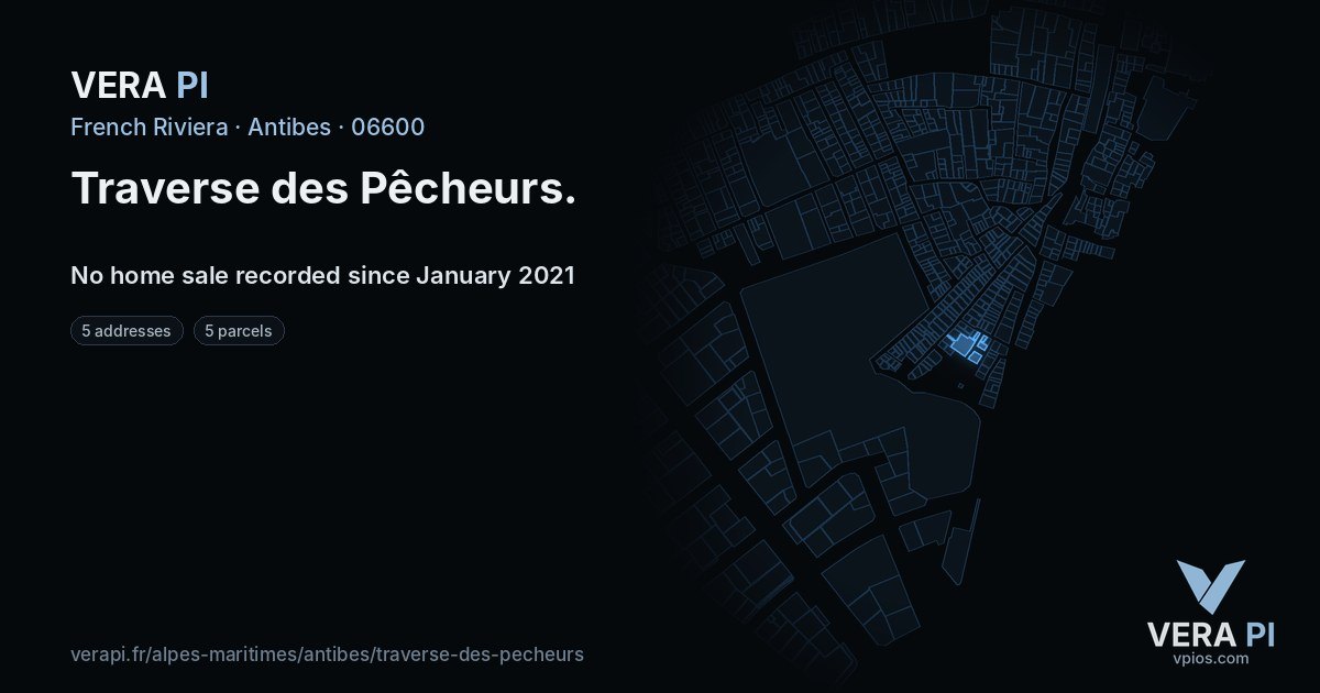 Traverse des Pêcheurs, Antibes at night – every parcel coloured by the prices around it, the street's own parcels lit