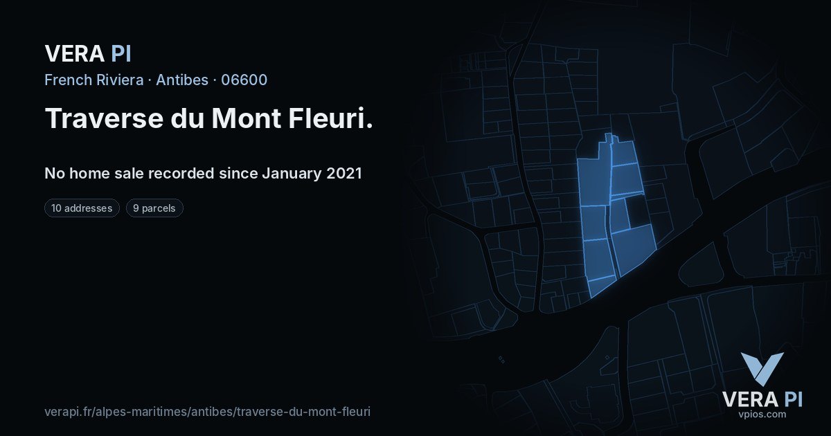 Traverse du Mont Fleuri, Antibes at night – every parcel coloured by the prices around it, the street's own parcels lit