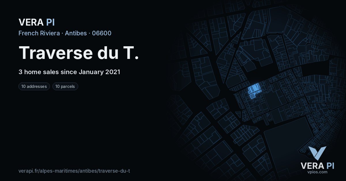 Traverse du T, Antibes at night – every parcel coloured by the prices around it, the street's own parcels lit