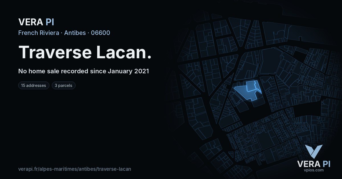 Traverse Lacan, Antibes at night – every parcel coloured by the prices around it, the street's own parcels lit