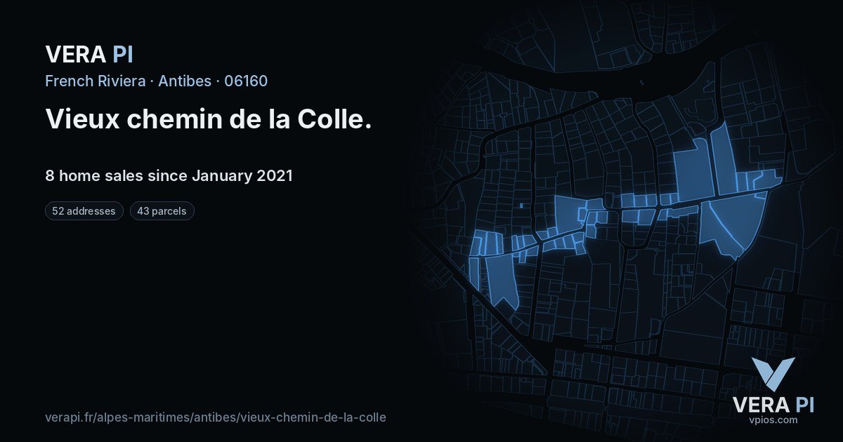Vieux chemin de la Colle, Antibes at night – every parcel coloured by the prices around it, the street's own parcels lit