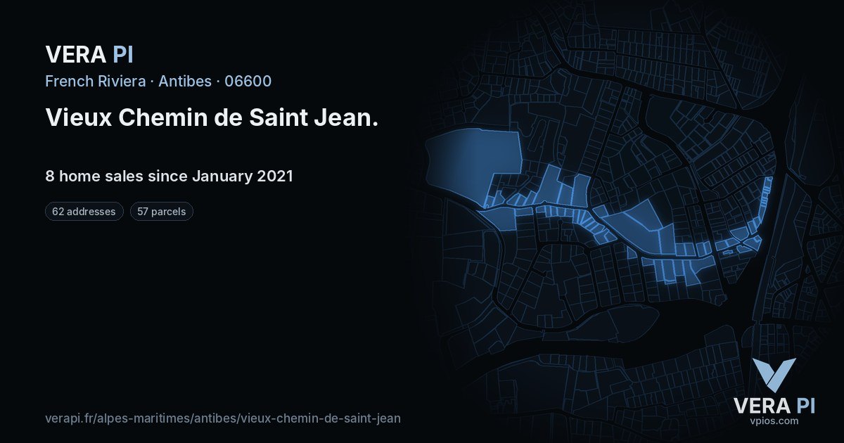 Vieux Chemin de Saint Jean, Antibes at night – every parcel coloured by the prices around it, the street's own parcels lit