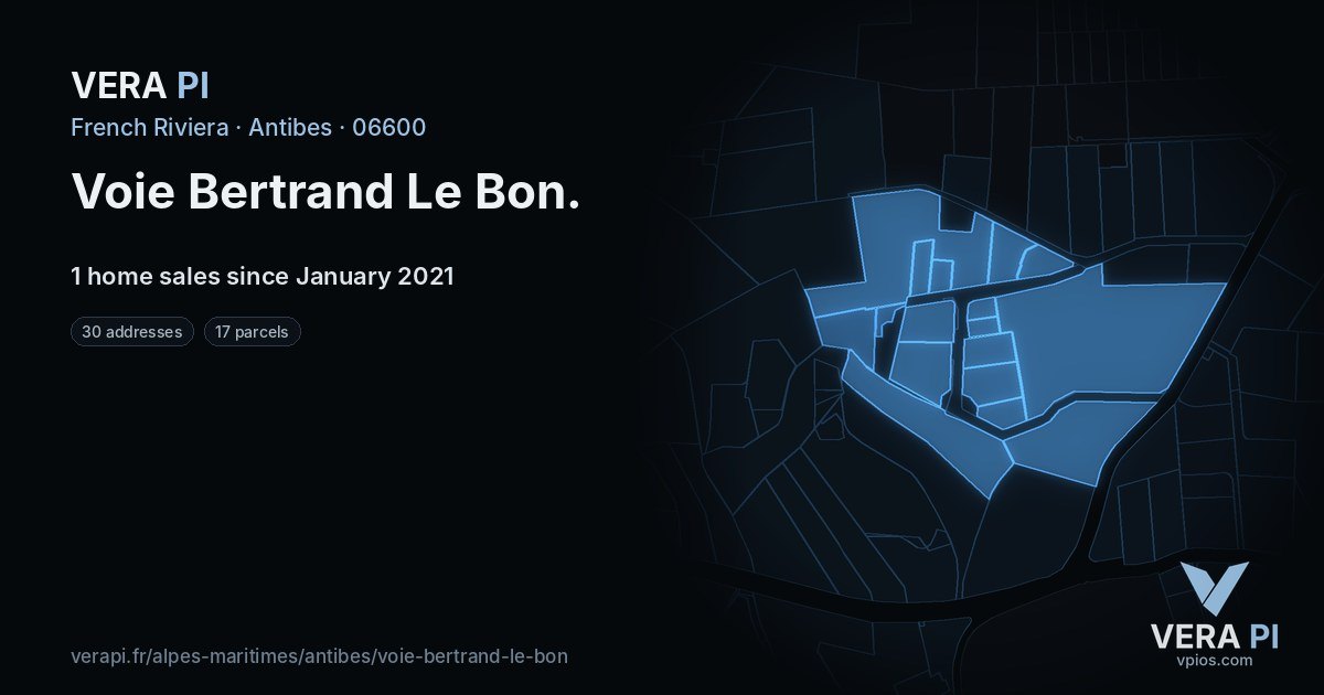 Voie Bertrand Le Bon, Antibes at night – every parcel coloured by the prices around it, the street's own parcels lit