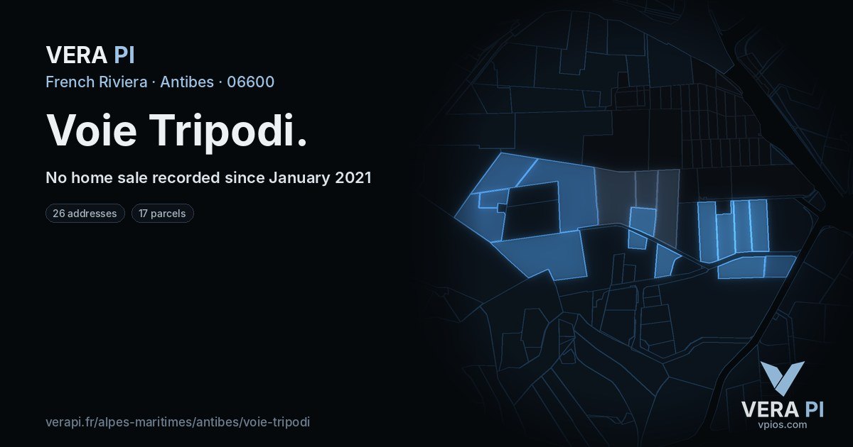 Voie Tripodi, Antibes at night – every parcel coloured by the prices around it, the street's own parcels lit