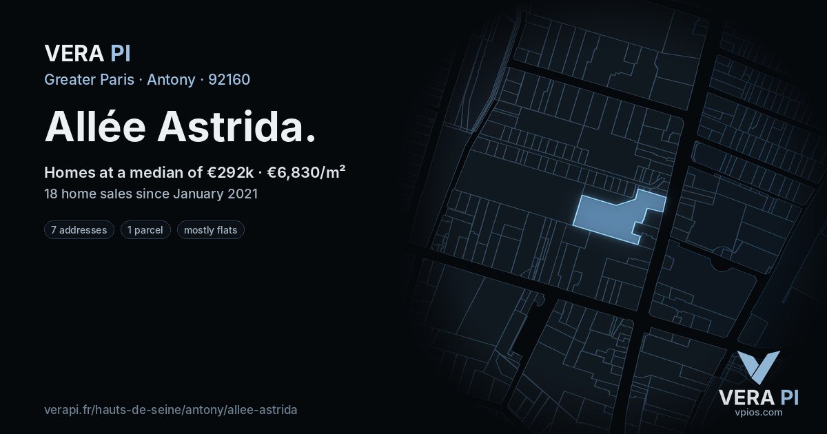 Allée Astrida, Antony at night – every parcel coloured by the prices around it, the street's own parcels lit